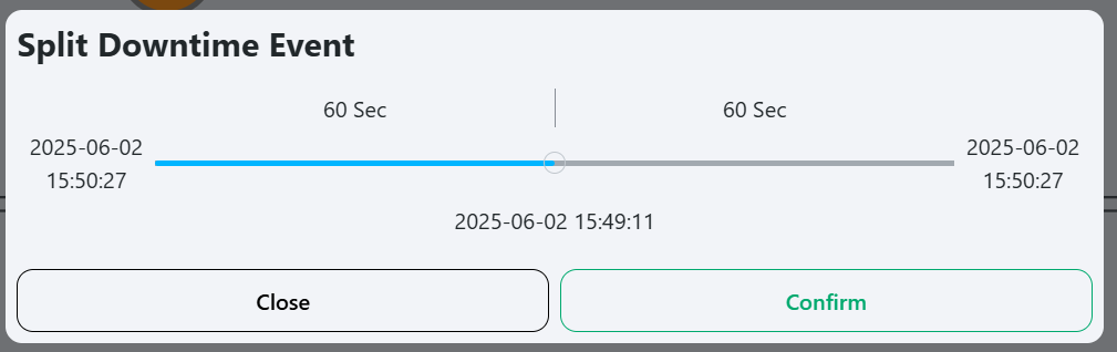 Split Downtime Event popup with slider to select the split point between two events