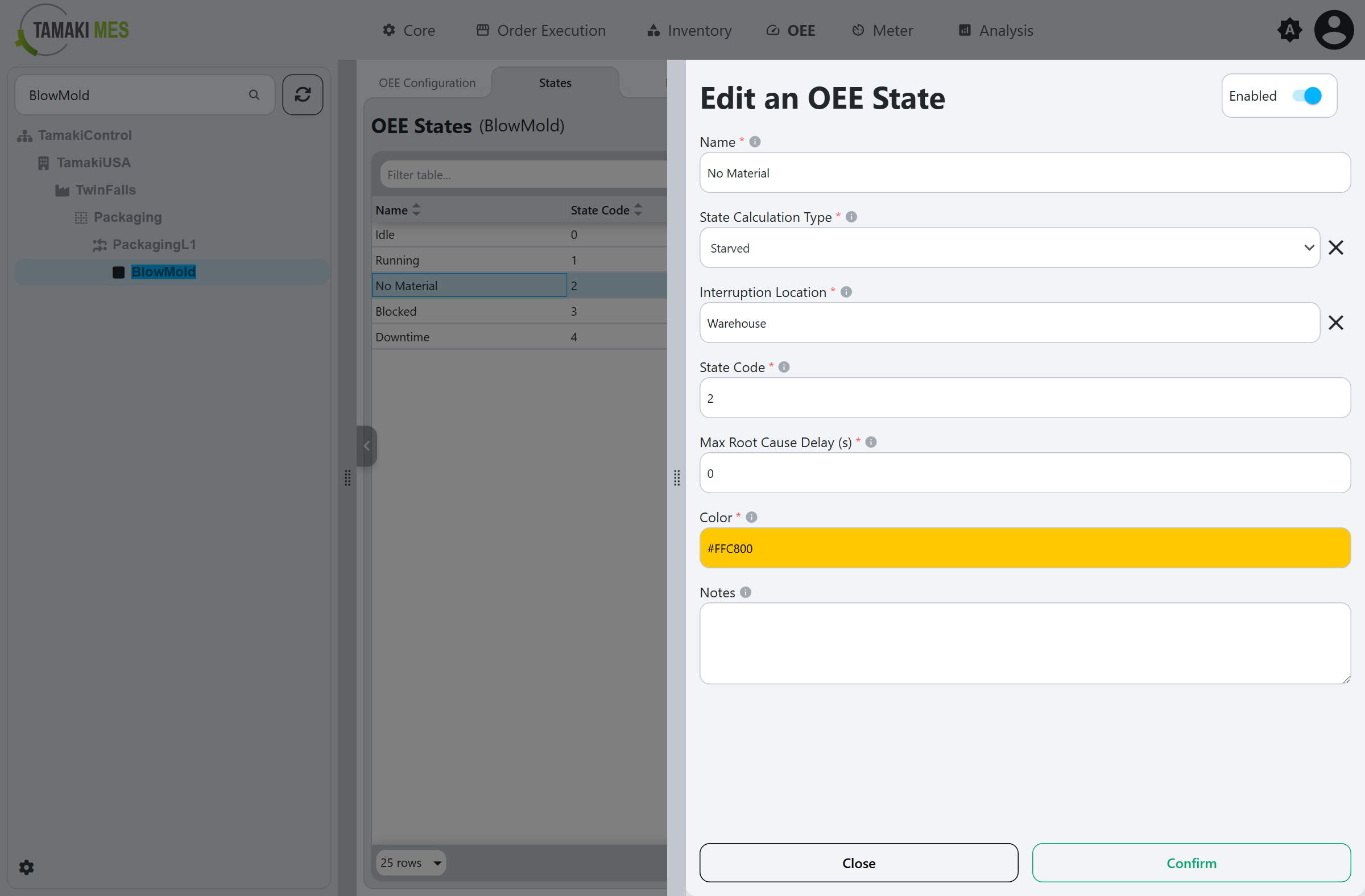 Edit an OEE State popup showing the fields for a Starved state