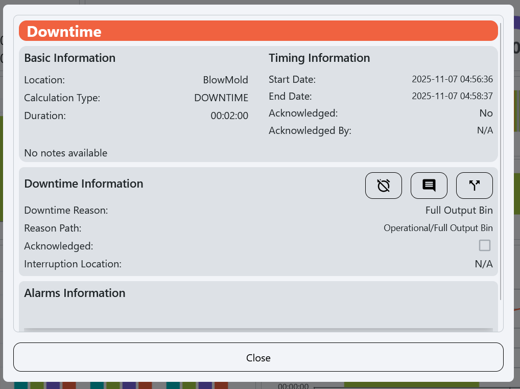 Timeline event details popup showing duration and state information