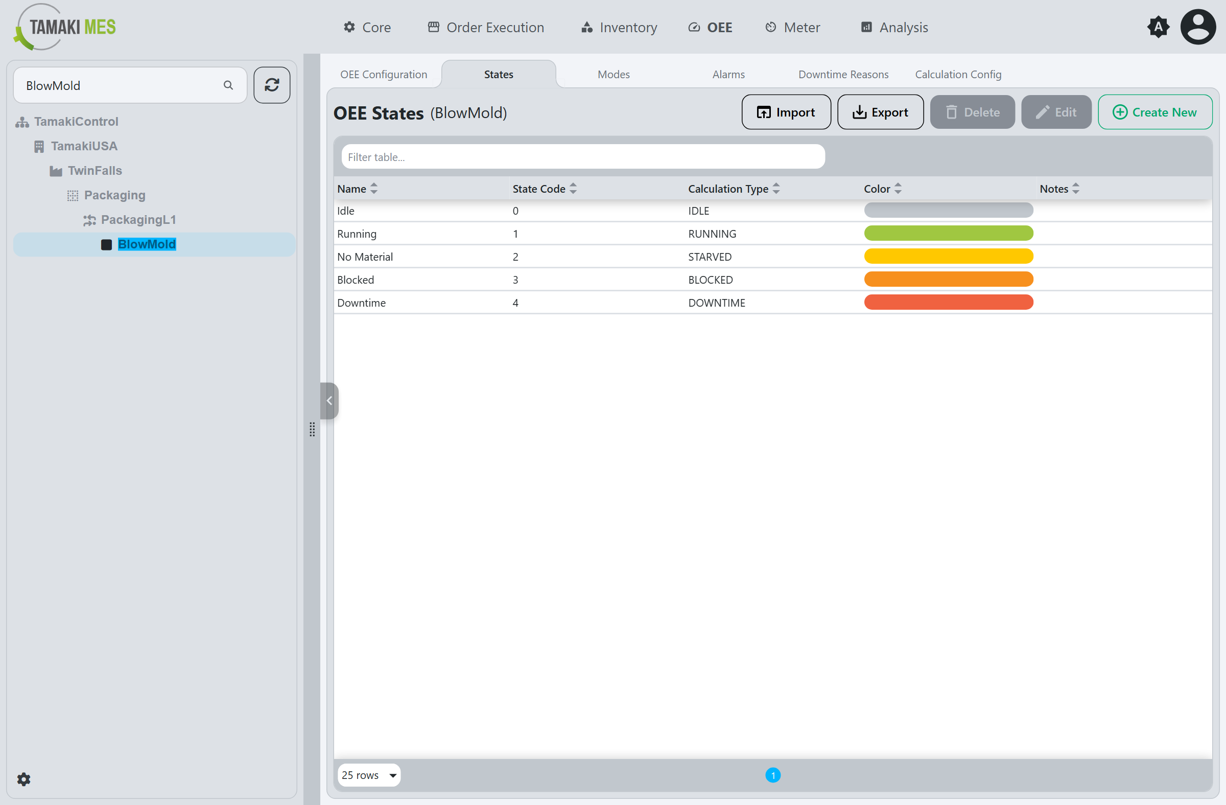States tab showing the list of configured states with their codes and calculation types