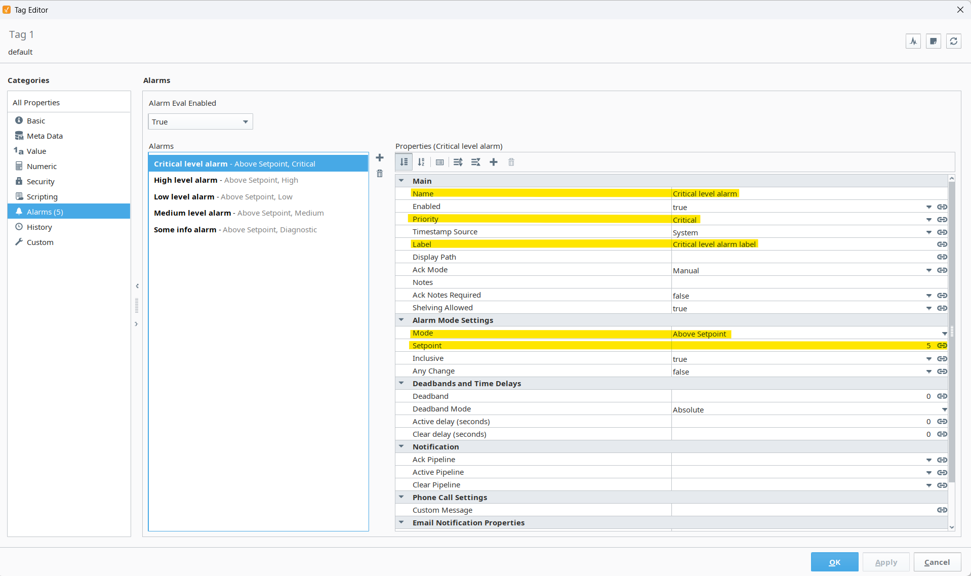 Ignition Tag Editor showing multiple alarms configured for a tag, with the 'Critical level alarm' selected in the properties panel