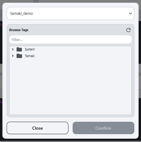 Tag selector popup interface with tag provider dropdown and hierarchical tag browser
