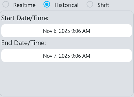 Historical date range selector showing calendar interface for start and end date selection