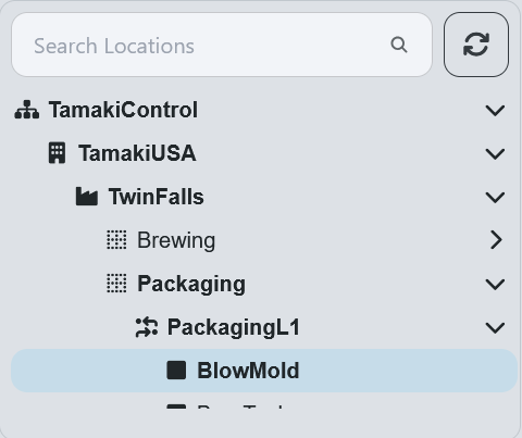 Hierarchical location selection tree showing expandable facility, area, and unit nodes