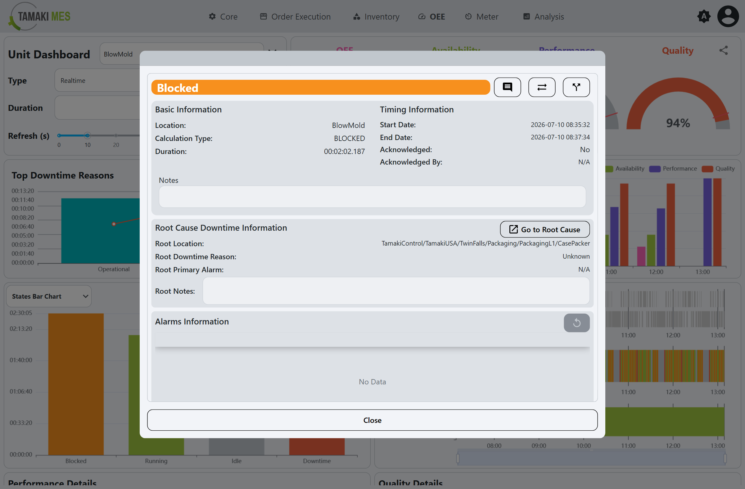 State event popup showing basic, timing, notes, and root-cause information