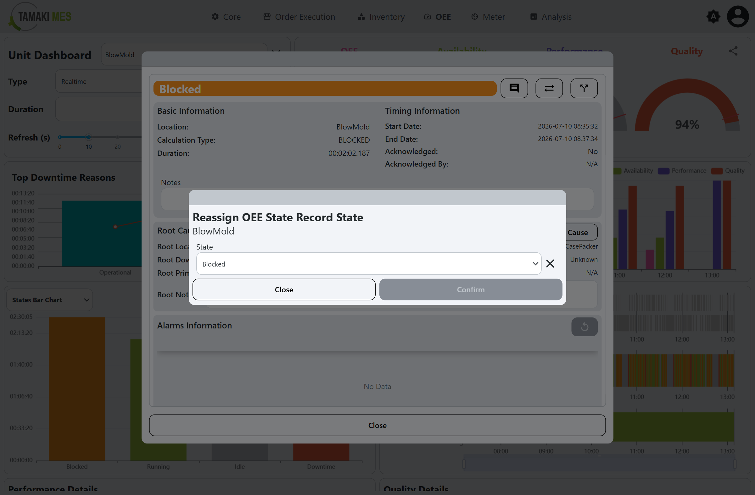 Reassign OEE State Record State popup