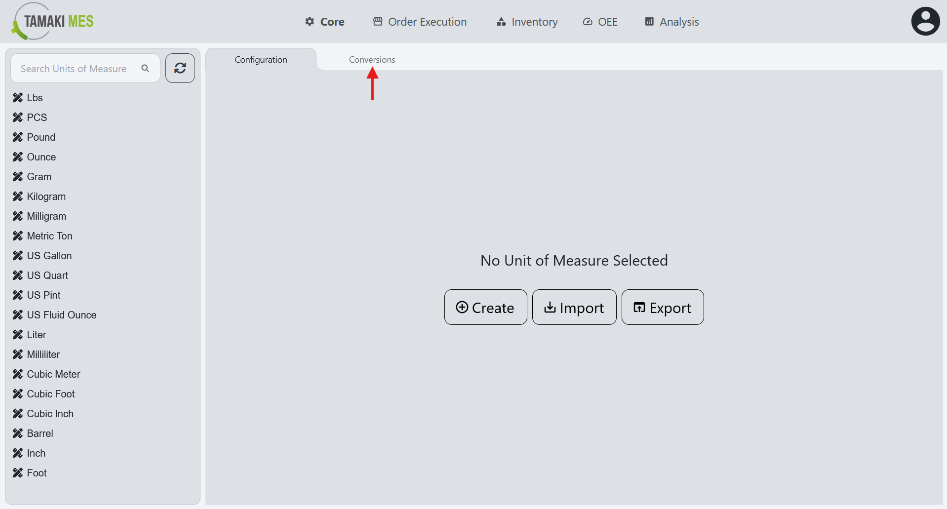 Navigation menu showing the UoM Conversions selection in the UoM Configuration page