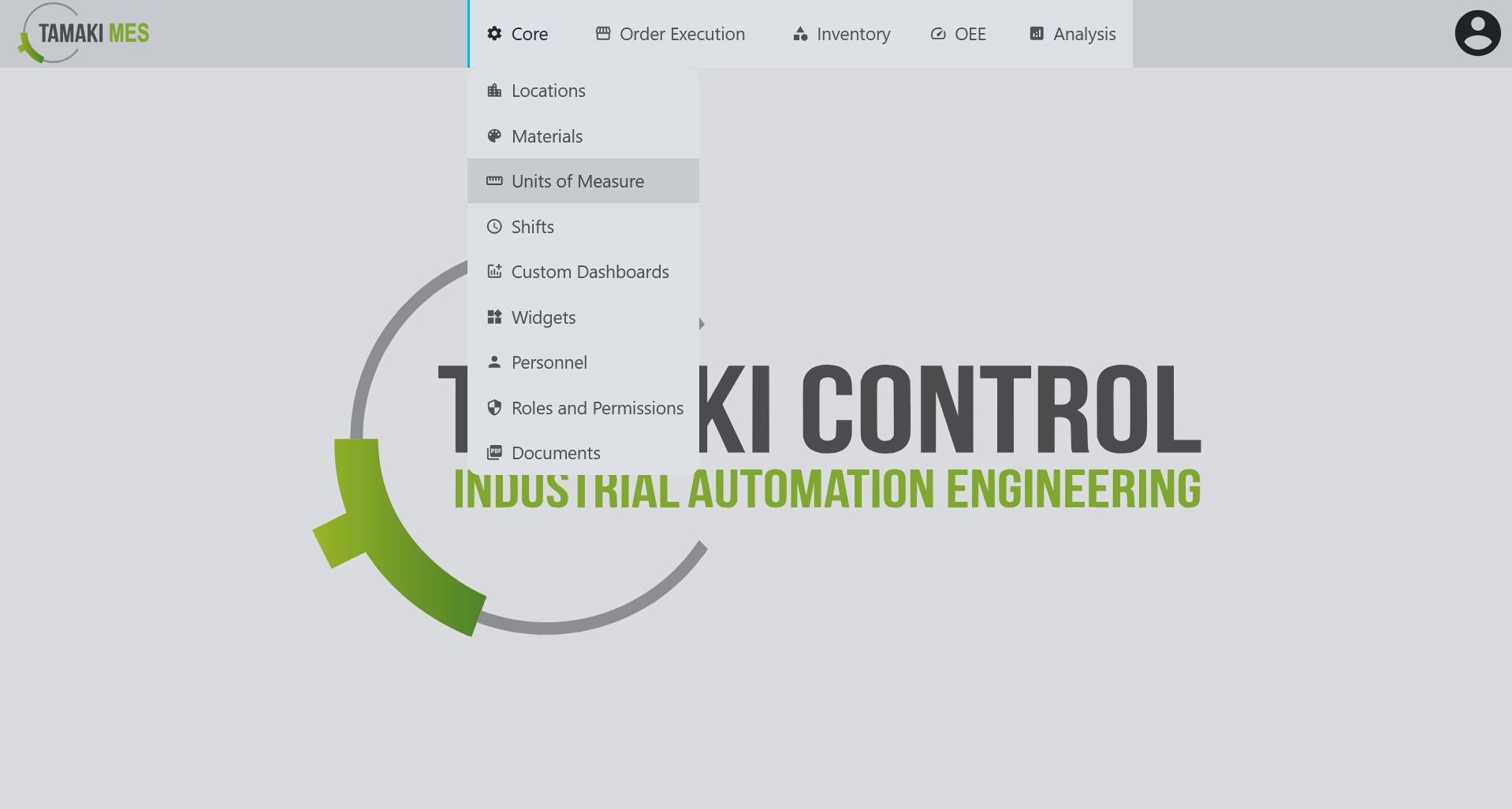 Navigation menu showing the Units of Measure selection in the core module