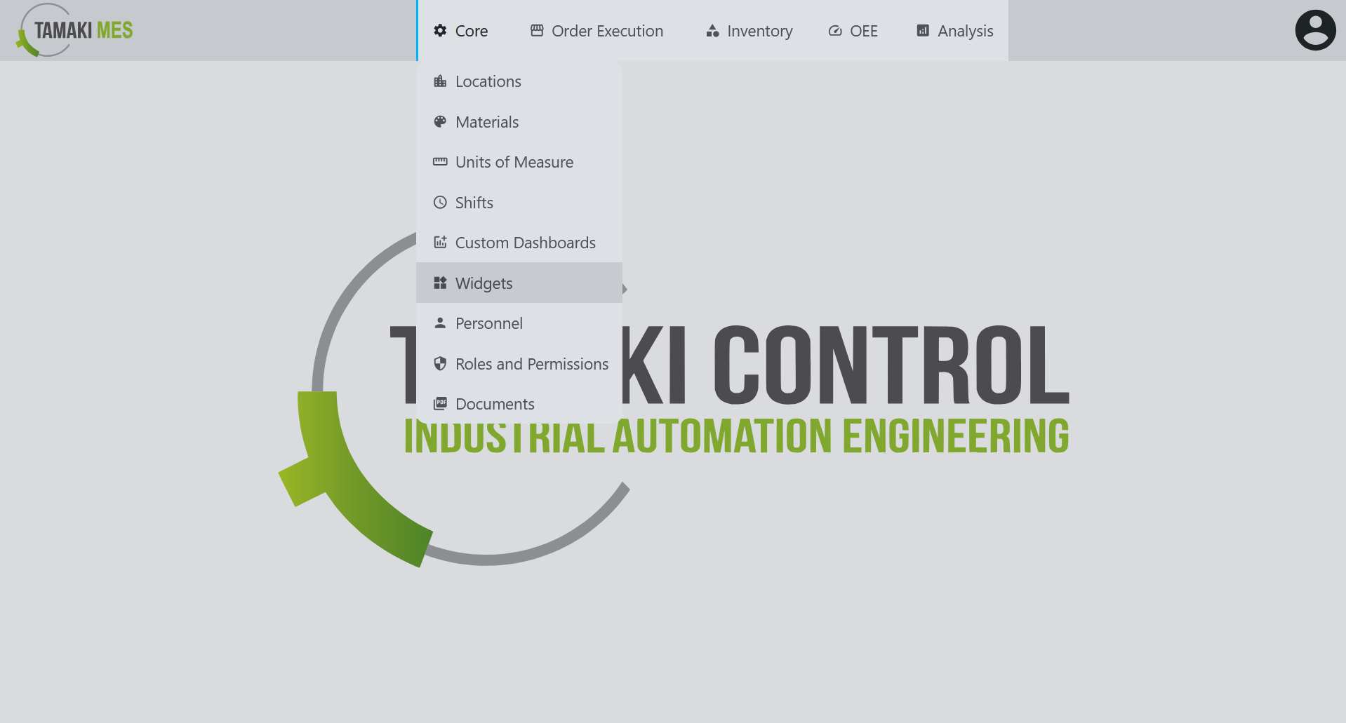 Navigation menu showing the Widgets selection in the core module